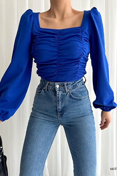 Deafox Saks Blue Front Drape Detail Crepe Fabric hosszú ujjú blúz