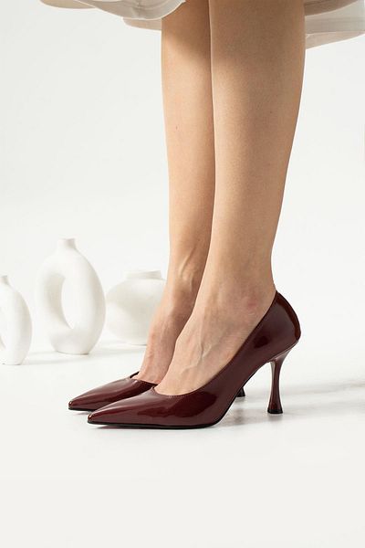 MissPapatya Mastyr Burgundy Patent Leather Stiletto V Model Women's Heeled Shoes
