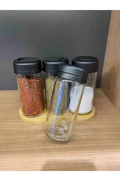 Bayev Spice Set of 4 with Wooden Stand, Rotating Lid Glass Spice Jar Salt Shaker Pepper Shaker Set 250Cc