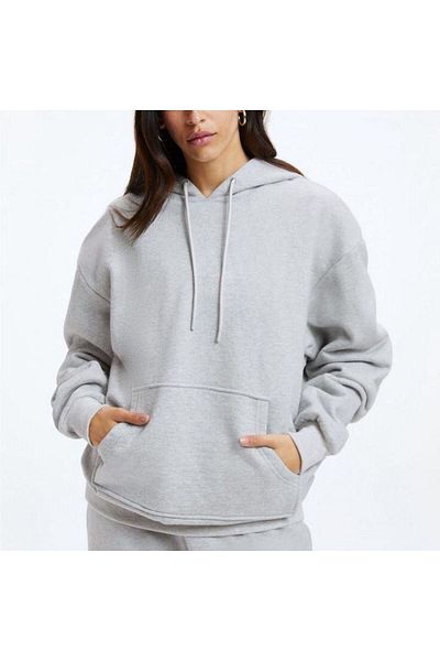 THE WHITE Women's Gray Full Cotton Kangaroo Pocket Hooded Sweatshirt