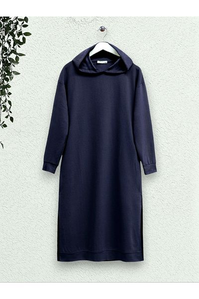 Modamorfo Long Combed Cotton Tunic - Hooded, Slit and Double Pockets - Navy