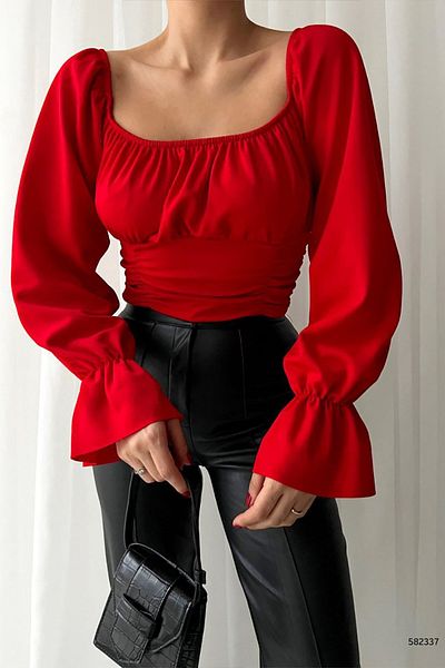 Deafox Red Imported Crepe Fabric Front Gathered Blouse