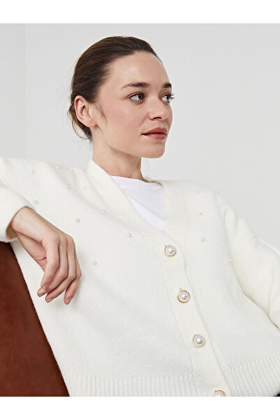 LC Waikiki Lcw Modest Ecru V-Neck Shiny Stone Printed Women's Knitwear Cardigan