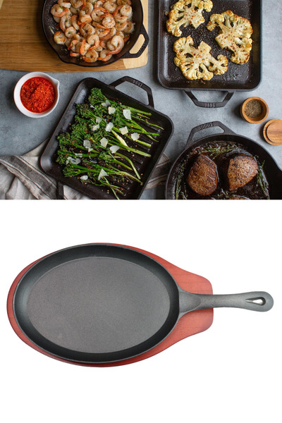 Evren Oval Fajita Pan with Cast Iron Handle 24X18 cm and Wooden Serving Prese...