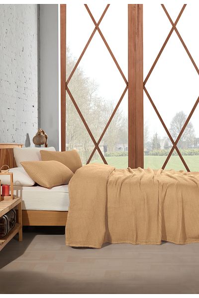 destinyhometex Latte 100% Cotton Waffle Double Bedspread Without Fringe 220X240/2 Pillowcases 50X70Cm