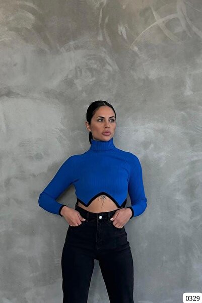 Deafox Pulover crop de tricotaj cu mânecă lungă cu decupaj asimetric Saks