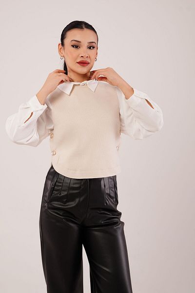 Hipo Trend Gold Button Detailed Oval Cut Knitwear Stone Sweater