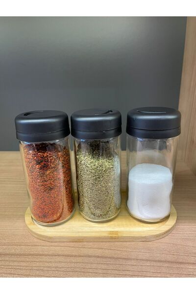 Bayev Spice Set of 4 with Wooden Stand, Rotating Lid Glass Spice Jar Salt Shaker Pepper Shaker Set 250Cc