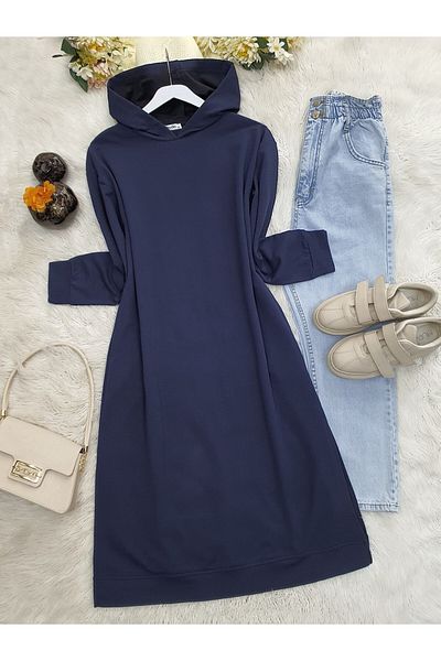 Modamorfo Long Combed Cotton Tunic - Hooded, Slit and Double Pockets - Navy