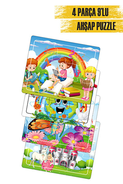 Leelii Tasarım Çocuklar İçin 9 Parçalı 4lü set Eğitici Ve Öğretici Ahşap Renk...