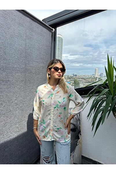 Kübra Tekstil Γυναικεία μπλούζα/πουκάμισο με λουλουδάτο γιακά με λουλούδια 2276