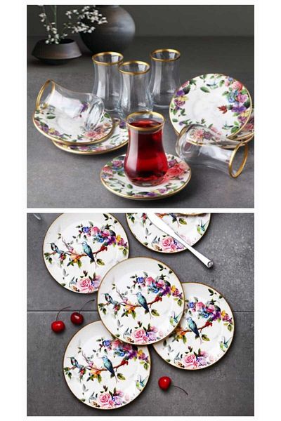 umut züccaciye 18 Pieces Modern Flore Tea Cup Set Cake Set Cake Plate