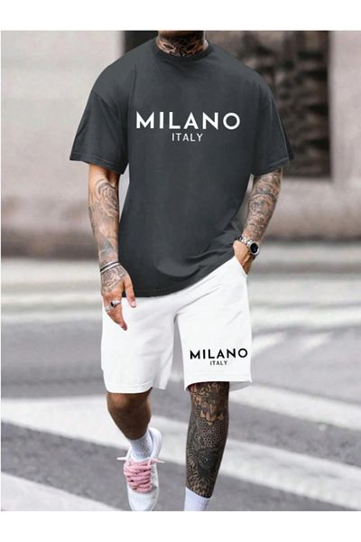 MOONBULL Men's Milano Printed Oversize T-Shirt-Shorts Set of 2