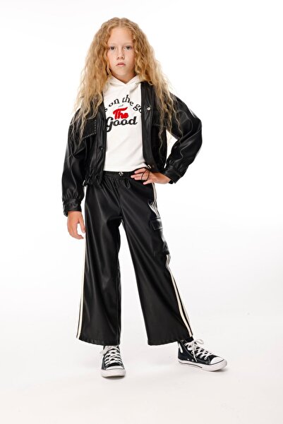 JENA Детски кожени панталони с ивици, възраст 9-14 години, черни