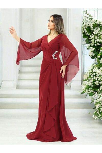 FaBe Fashion White Chiffon Wedding Engagement Promise and Outside Shooting Dress with Long Shawl Sleeves V-Neck Waist Stone Accessories
