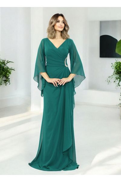 FaBe Fashion White Chiffon Wedding Engagement Promise and Outside Shooting Dress with Long Shawl Sleeves V-Neck Waist Stone Accessories