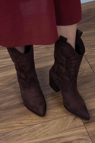 Afilli Women's Bitter Brown Suede Pointed Toe Slip on Thick Short Heels Elastic Stylish Western Cowboy Boots Shoes