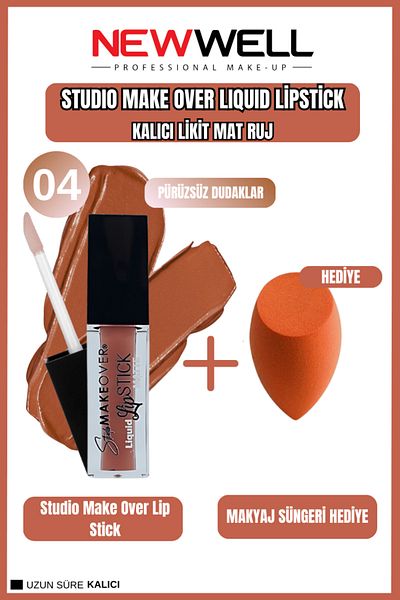 New Well Newwell Make over Studio Liquid Lipstick 04 & Makeup Sponge Gift