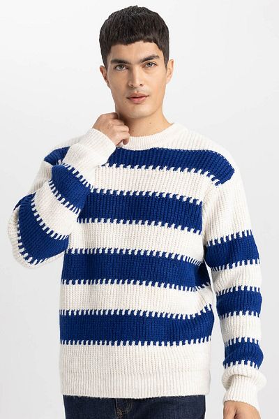 DeFacto Relax Fit Striped Crew Neck Knitwear Sweater B8402Ax23Wn