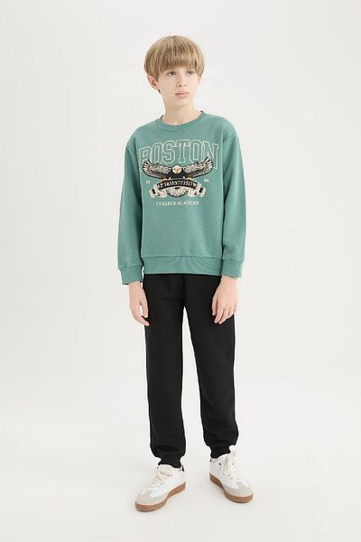 DeFacto 2-Piece Suit with Crew Neck Printed Thick Sweatshirt and Elastic Waist Sweatpants for Boy - D4743A824Wn