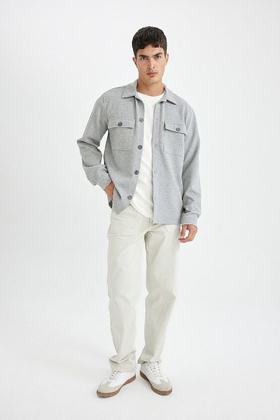 DeFacto Γκρι Polo Neck Twill ίσιο μακρυμάνικο πουκάμισο D3381ax24au