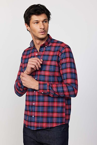 Tudors Erkek Regular Fit Klasik Kesim Düğmeli Yaka Küçük Kareli Pamuklu Bordo Gömlek