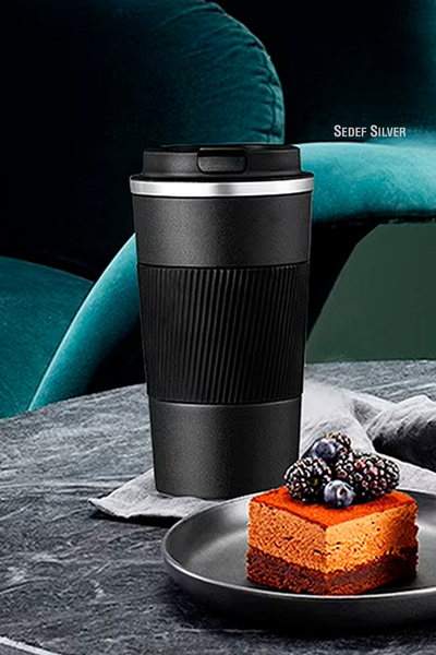 SEDEF SİLVER 304 Pazlanmaz Çelik 500 Ml Kaydırmaz Lastikli Termos Bardak Mug Araç Kahve Çay Thermos 549