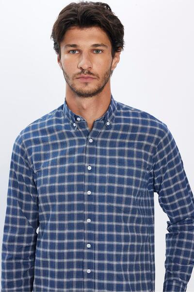 Tudors Erkek Regular Fit Klasik Kesim Düğmeli Yaka Küçük Kareli Pamuklu Lacivert Gömlek