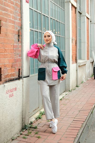 MİMİ Luxury Wear Women's Hijab Tunic and Trousers Crepe Set - Double