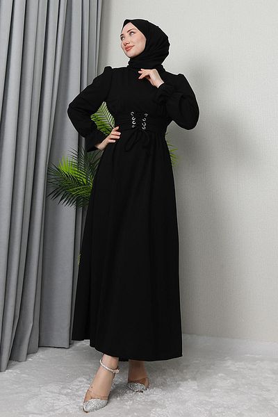 GİZ AGİYİM Black Bird Eyes and Belted Dress