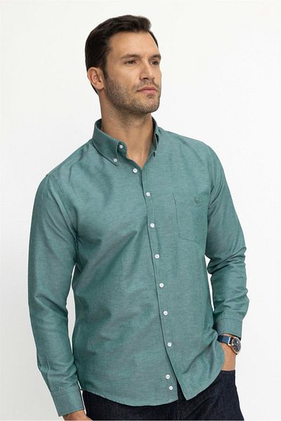Tudors Ανδρικό πουκάμισο με κανονική εφαρμογή Classic Cut Oxford Texture με κουμπιά με κεντημένο πράσινο πουκάμισο