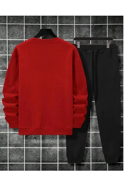 NO 601 Men's Red Balance Printed Crew Neck Black Tracksuit Set