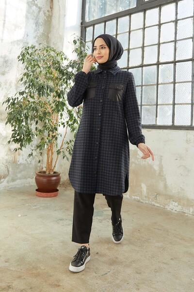 Hakimoda Tesettür Kazayağı Desen Boydan Düğmeli Tunik Indigo