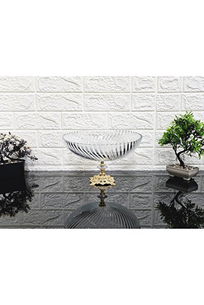 atabey home Gold Square Pedestal Striped Large Fruit Holder and Salad Bowl - ...