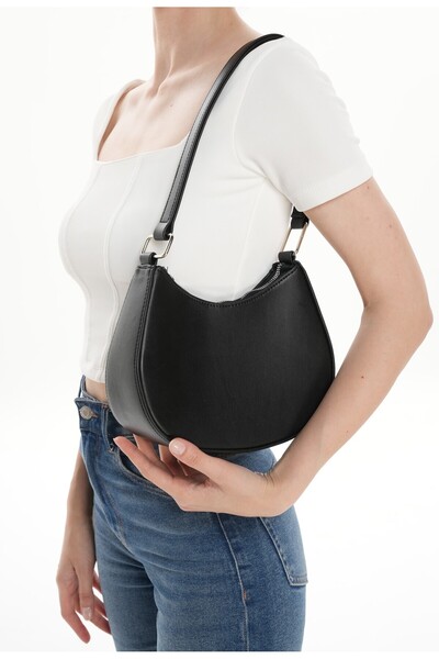 WITH-W Baguette din piele neagră - Geantă de umăr pentru femei