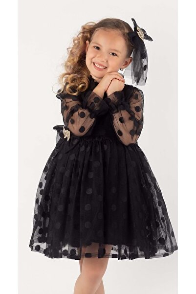 Mnk İri Puanlı Dantel Kız Çocuk Elbise SİYAH