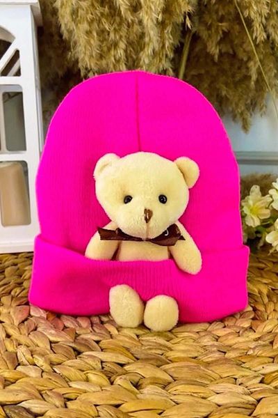 MYZİ STORE Children's Baby Black Beanie with Plush Teddy Bear