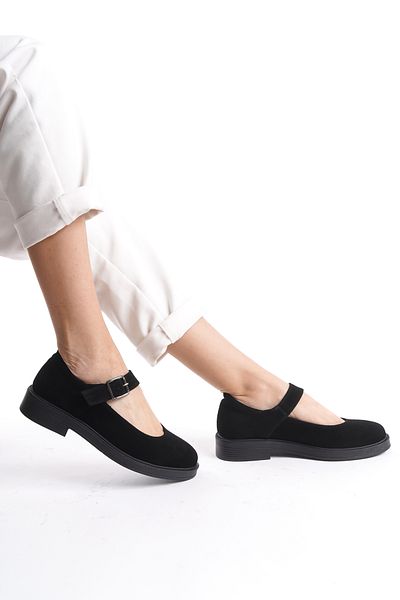 GNS Shoes Balerin Genuine Leather Black Suede Women's Shoes