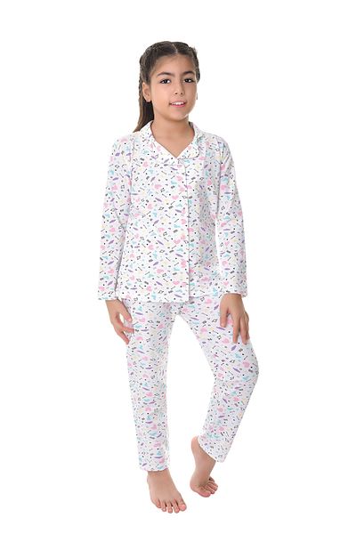 Little Frog Cotton Shirt Collar Button Flat Leg Girl's Pajama Suit