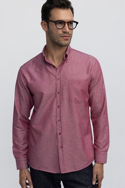 Tudors Men's Regular Fit Classic Cut Oxford Texture Lapel Button Pocket Embroidered Red Shirt