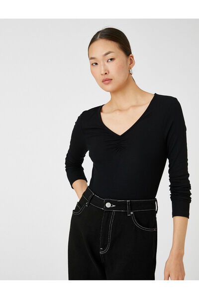 Koton Tricou cu mânecă lungă cu decolteu în V cu adunare