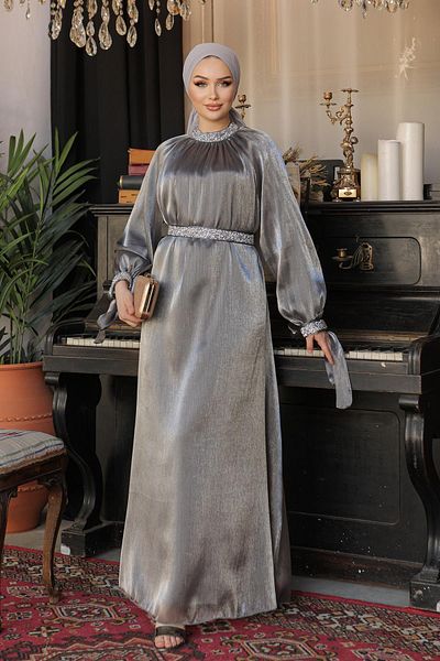 hakimoda Hijab Sarem Glittering Stone Evening Dress Anthracite