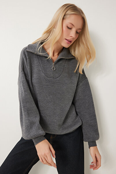 Lovelyİstanbul Fermuarlı Yaka Triko Kazak ANTRASİT LPF0006