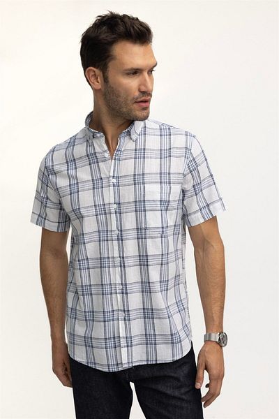 Tudors Men's Regular Fit Classic Cut 100% Cotton Linen Texture Checked Buttoned Lapel White Shirt