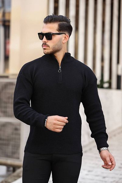 NO1 KONSEPT Pulover din tricotaje negru din țesătură Thessaloniki cu jumătate de fermoar