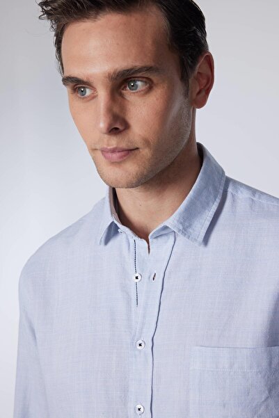 Tudors Erkek Regular Fit Klasik Kesim %100 Pamuk Keten Doku Mavi Gömlek