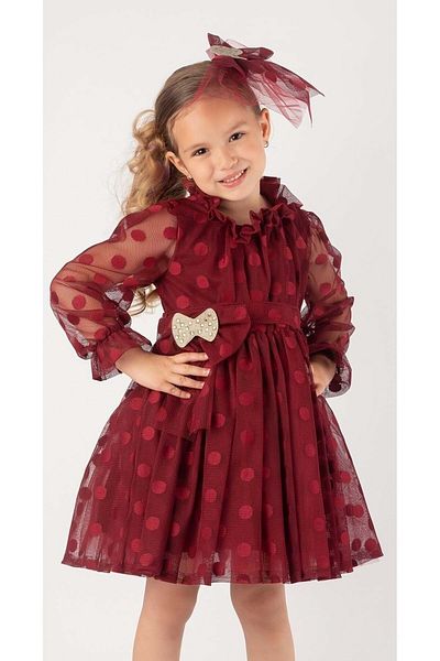Mnk Dark Burgundy Girls Lace Dress - Large Polka Dot