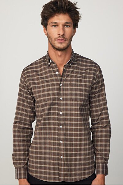 Tudors Erkek Regular Fit Klasik Kesim Düğmeli Yaka Küçük Kareli Pamuklu Gömlek