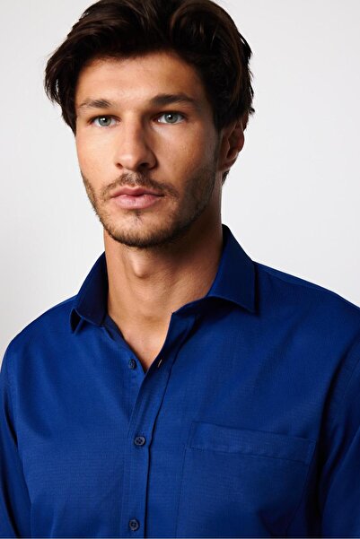 Tudors Erkek Regular Fit Klasik Kesim Kravatlık Armürlü İndigo Gömlek