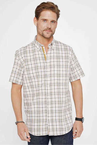 Tudors Men's Regular Fit Classic Cut 100% Cotton Linen Texture Single Pocket Checked Button Lapel Shirt
